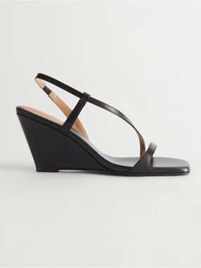 NEW & Other Stories Black Leather Square-Toe Wedge Sandals with Slim Straps 10
